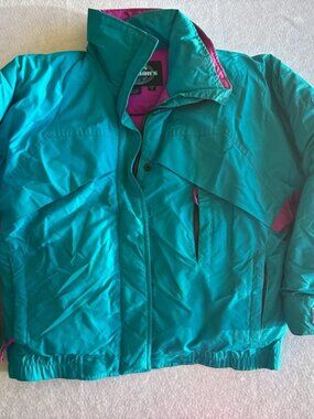 Vintage 90s Herman's Goose Down Puffer Ski Jacket Teal Pink Womens Small Retro
